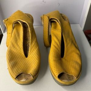 Fly London mustard colored perforated suede Ankle Strap 2” wedge Sandals 9